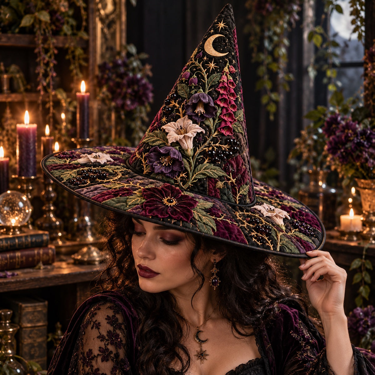 Poison Garden Quilted Witch Hat – Foxglove Nightshade Wide Brim Hat – worn by a model