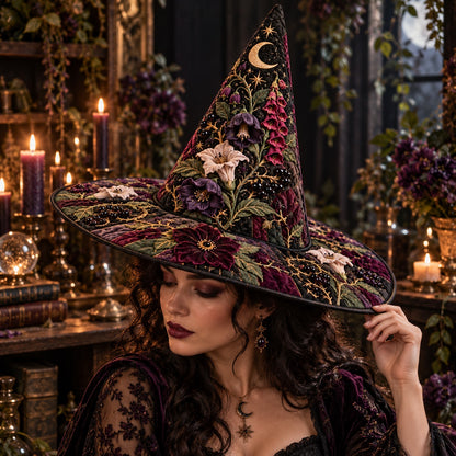Poison Garden Quilted Witch Hat – Foxglove Nightshade Wide Brim Hat – worn by a model