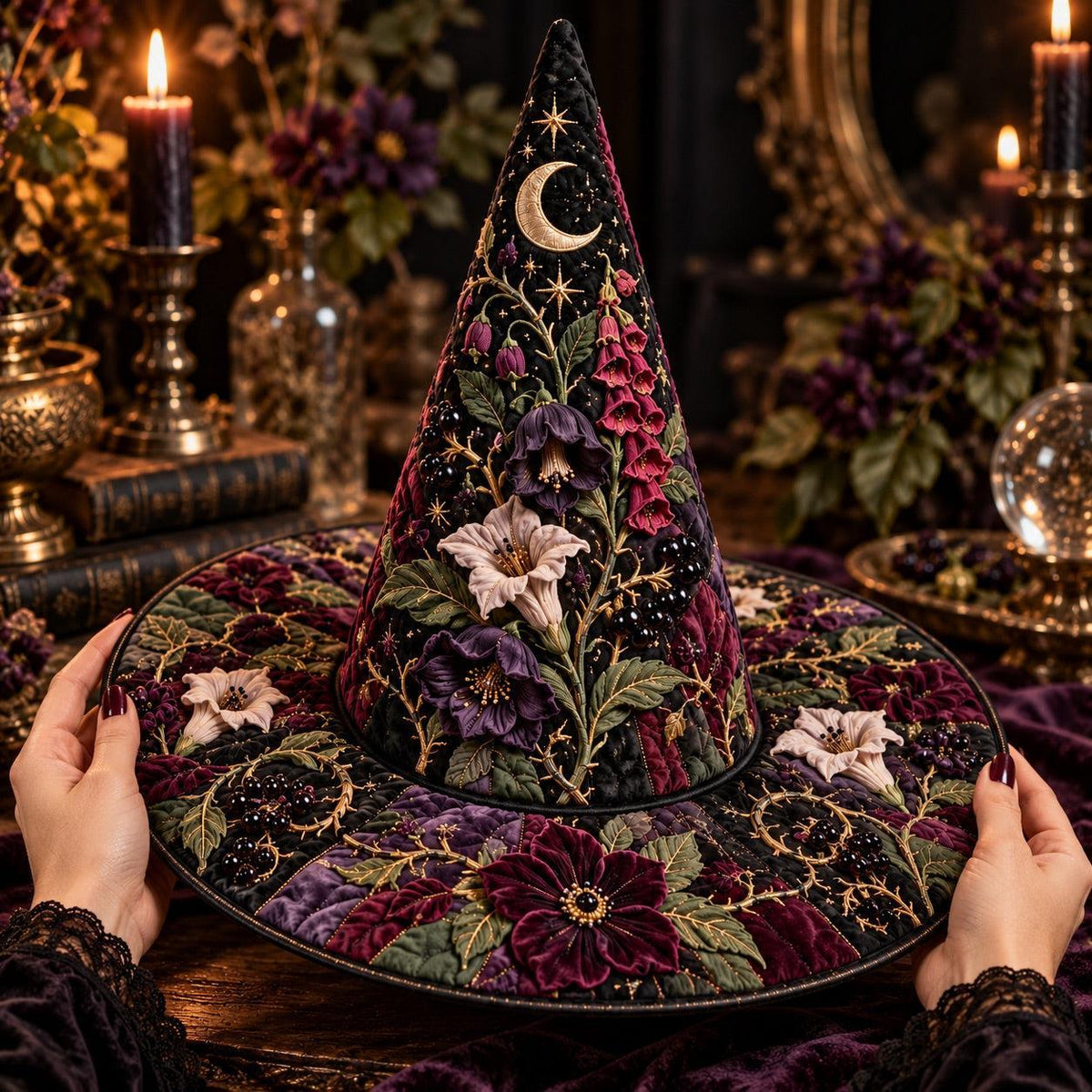 Poison Garden Quilted Witch Hat – Foxglove Nightshade Wide Brim Hat – held in both hands