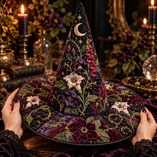 Poison Garden Quilted Witch Hat – Foxglove Nightshade Wide Brim Hat – held in both hands