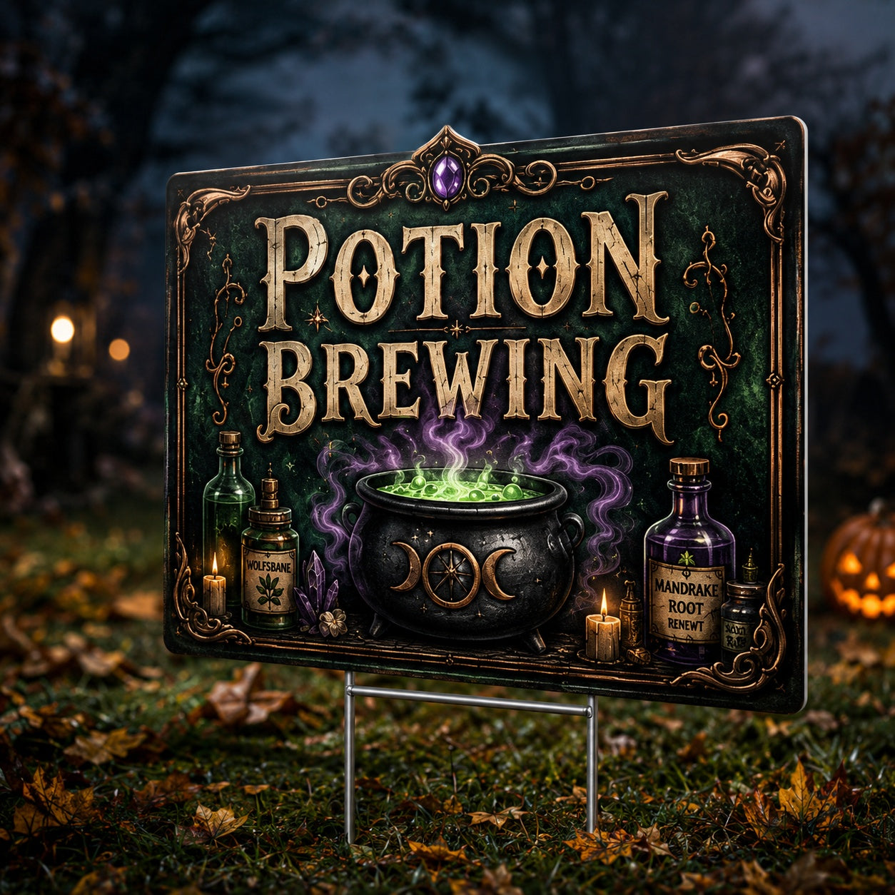 Potion Brewing at Halloween Night Yard Sign - close up detail