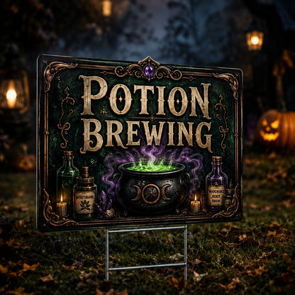 Potion Brewing at Halloween Night Yard Sign - porch scene