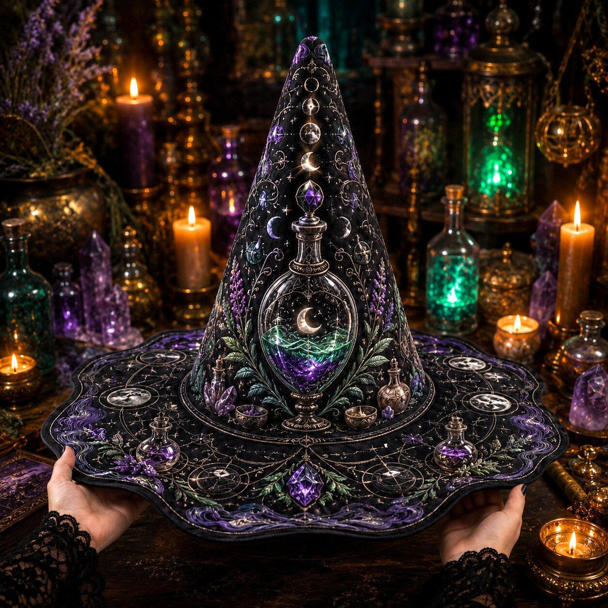 Potion Witch Hat – Apothecary Moon Wiccan Pagan Wide Brim Hat – worn, front view