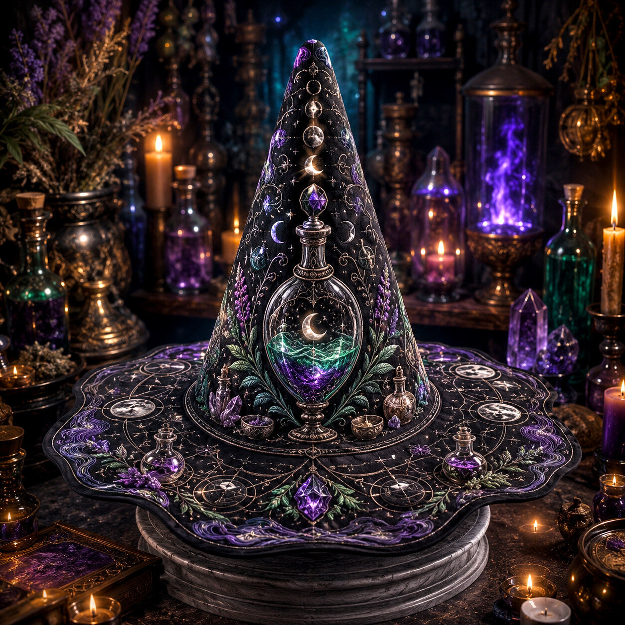 Potion Witch Hat – Apothecary Moon Wiccan Pagan Wide Brim Hat – on an altar table