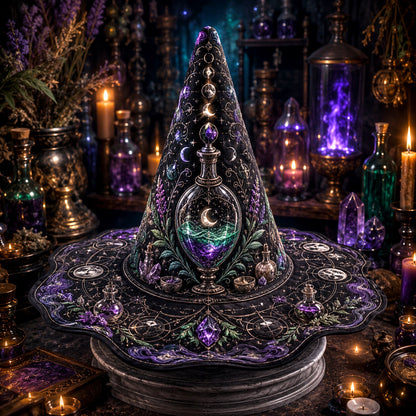 Potion Witch Hat – Apothecary Moon Wiccan Pagan Wide Brim Hat – on an altar table