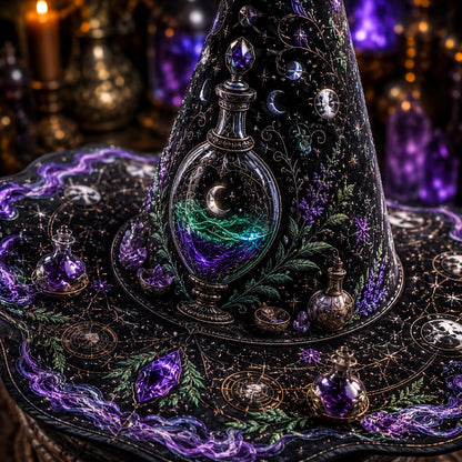 Potion Witch Hat – Apothecary Moon Wiccan Pagan Wide Brim Hat – styled with candles and crystals