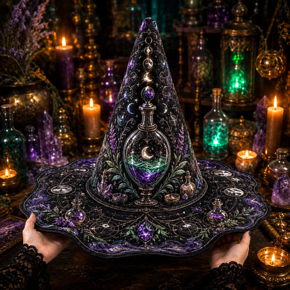 Potion Witch Hat – Apothecary Moon Wiccan Pagan Wide Brim Hat – worn, front view