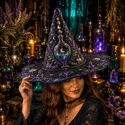 Potion Witch Hat – Apothecary Moon Wiccan Pagan Wide Brim Hat – quilting and print detail