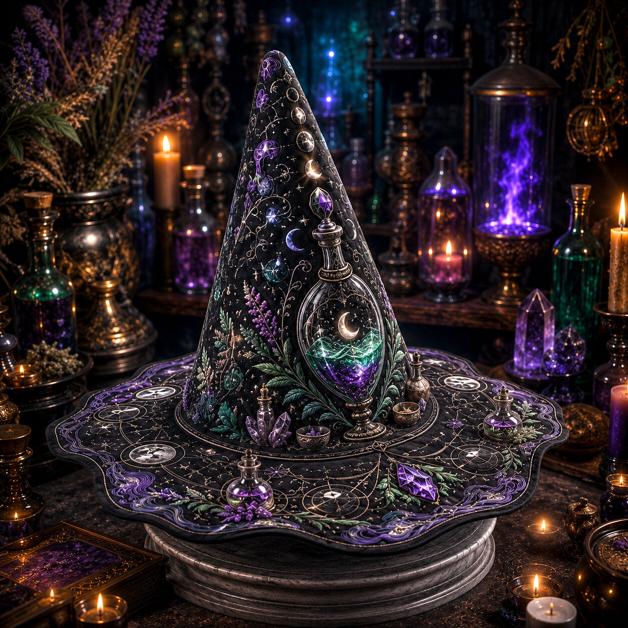 Potion Witch Hat – Apothecary Moon Wiccan Pagan Wide Brim Hat – held in both hands