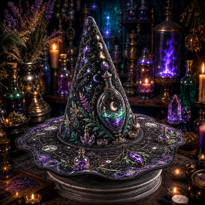 Potion Witch Hat – Apothecary Moon Wiccan Pagan Wide Brim Hat – held in both hands