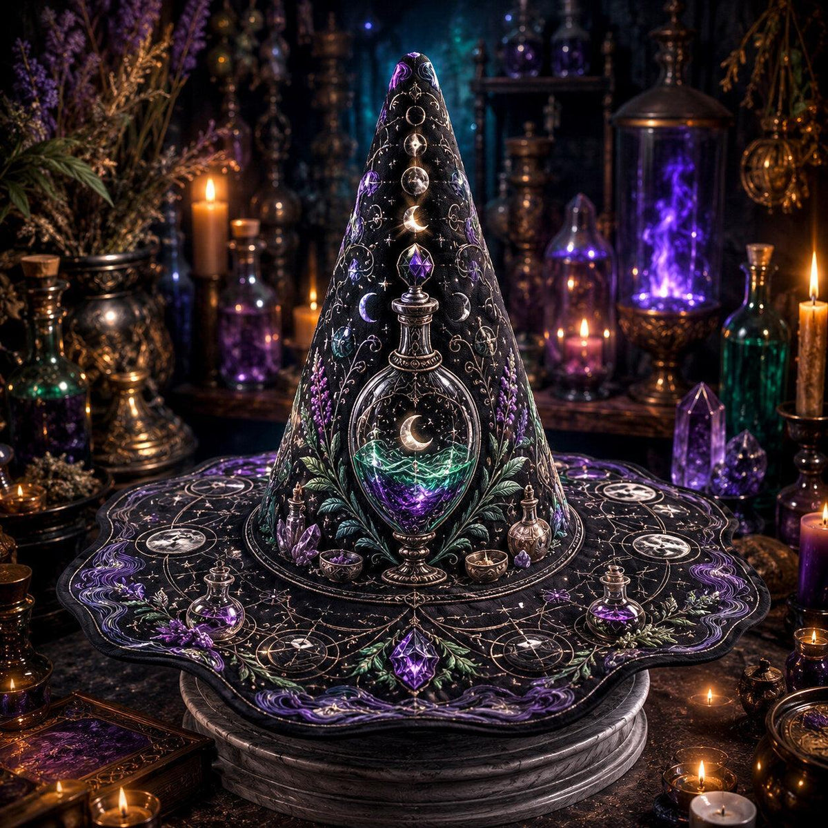 Potion Witch Hat – Apothecary Moon Wiccan Pagan Wide Brim Hat – on an altar table