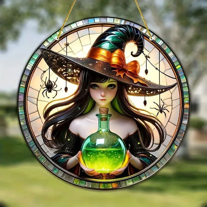Potion Witch Suncatcher Gothic Acrylic Round Sign Halloween Home Decor-MoonChildWorld