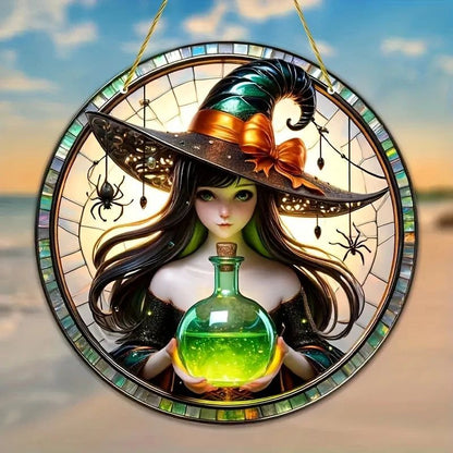 Potion Witch Suncatcher Gothic Acrylic Round Sign Halloween Home Decor-MoonChildWorld