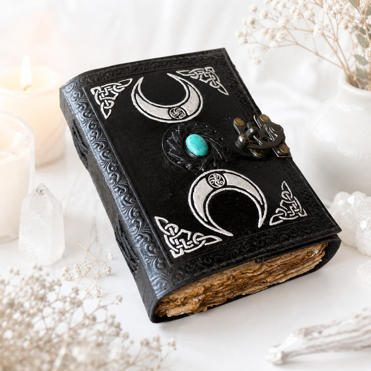 Precious Witch Stone Triple Moon Leather Journal – Pagan Grimoire Book of Shadows – leather journal, back cover view