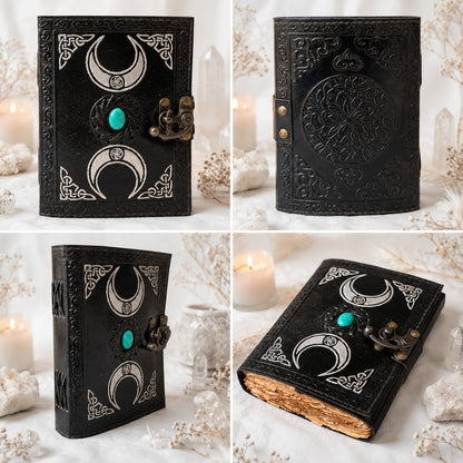 Precious Witch Stone Triple Moon Leather Journal – Pagan Grimoire Book of Shadows – leather journal, open blank pages view