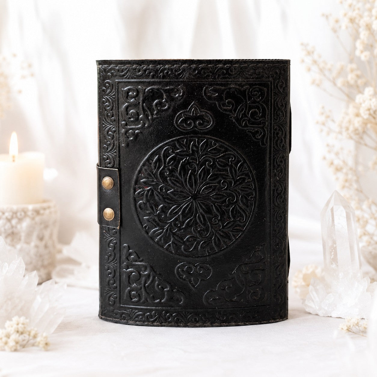 Precious Witch Stone Triple Moon Leather Journal – Pagan Grimoire Book of Shadows – leather journal, close-up cover detail