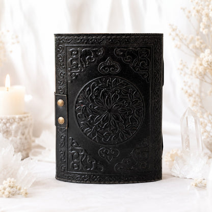 Precious Witch Stone Triple Moon Leather Journal – Pagan Grimoire Book of Shadows – leather journal, close-up cover detail