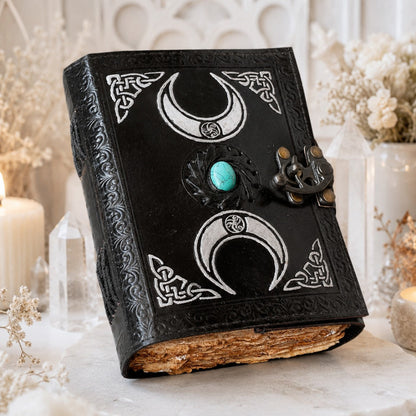 Precious Witch Stone Triple Moon Leather Journal – Pagan Grimoire Book of Shadows – leather journal, front cover view