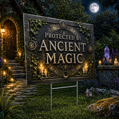Protected by Ancient Magic Wicca Yard Sign - close up detail