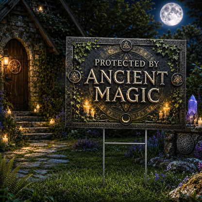 Protected by Ancient Magic Wicca Yard Sign - porch scene