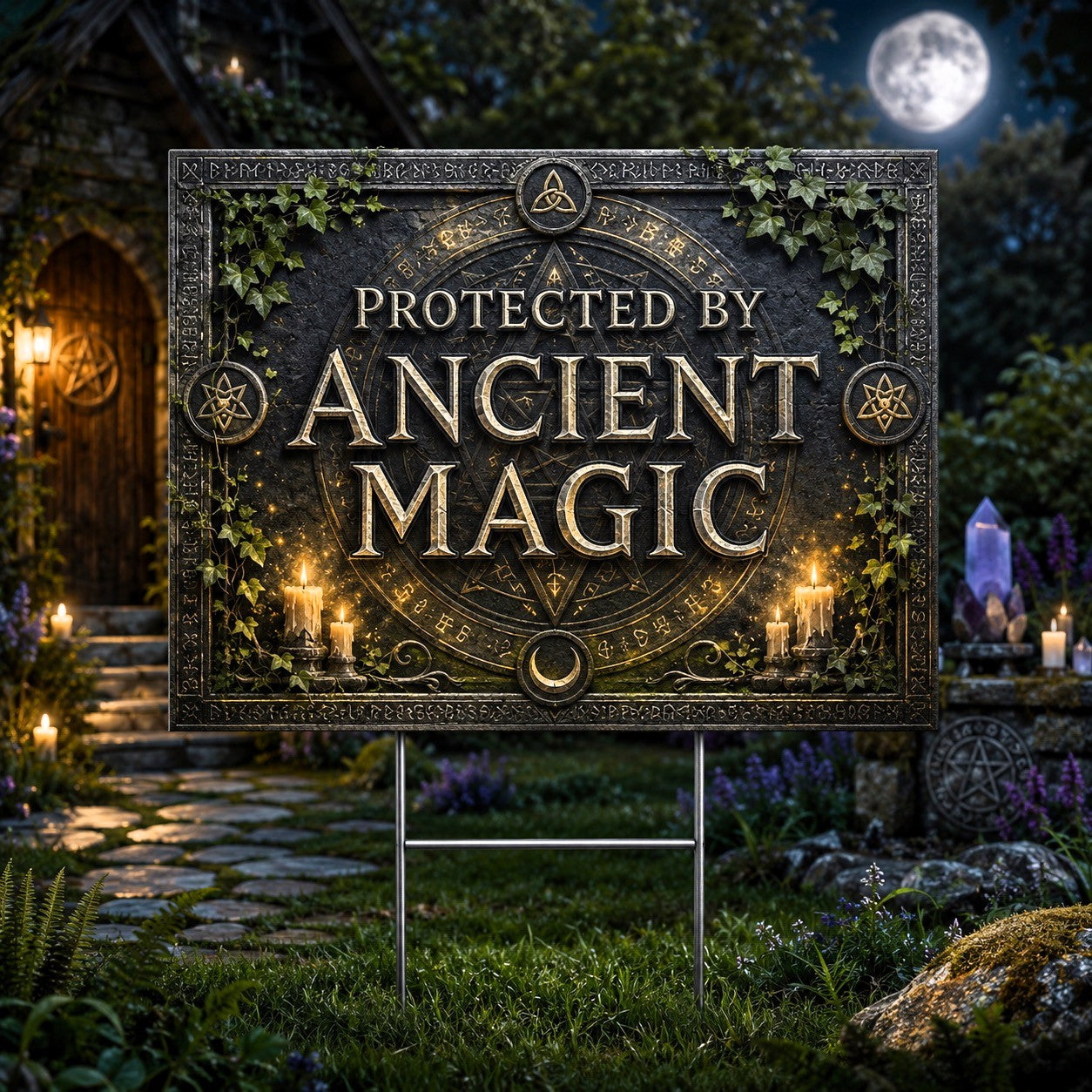 Protected by Ancient Magic Wicca Yard Sign - front view