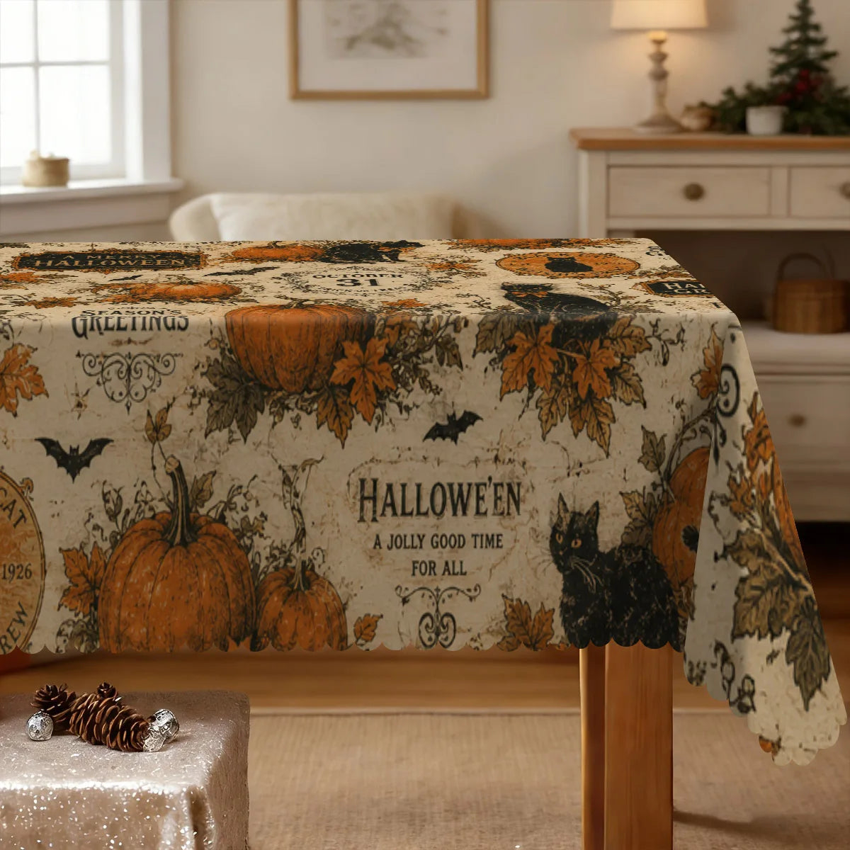 Pumpkin black cat Halloween tablecloth with retro spooky decor