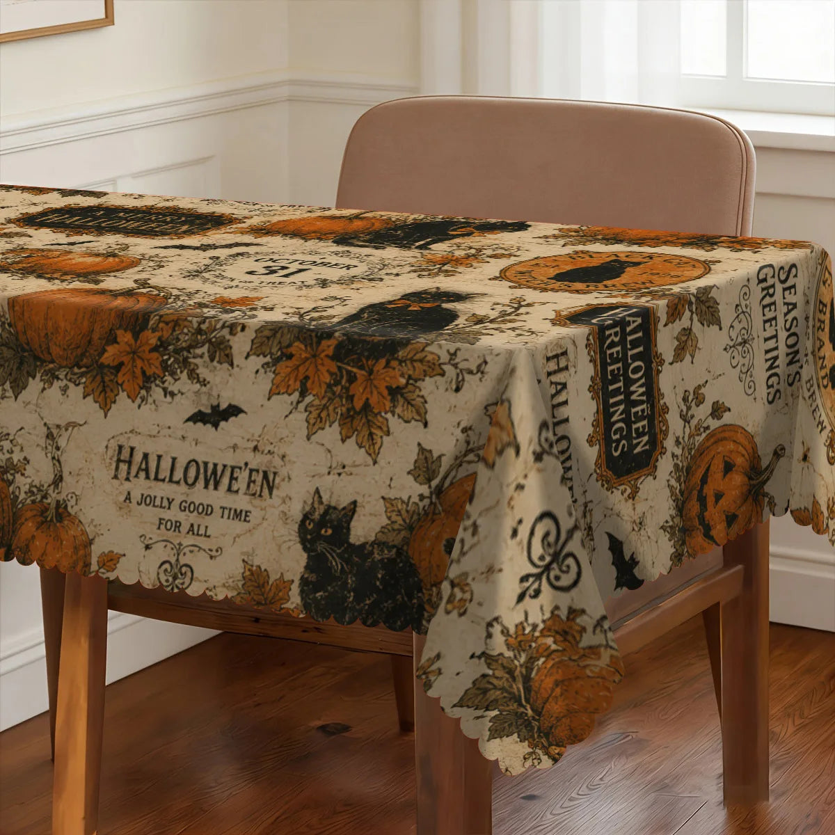 Pumpkin black cat Halloween tablecloth with retro spooky decor
