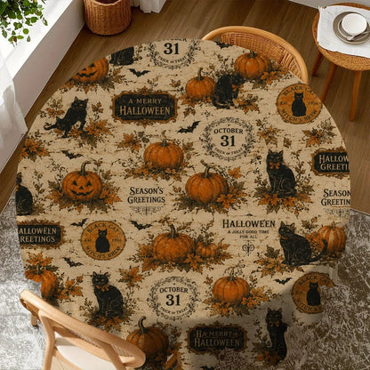 Pumpkin black cat Halloween tablecloth with retro spooky decor