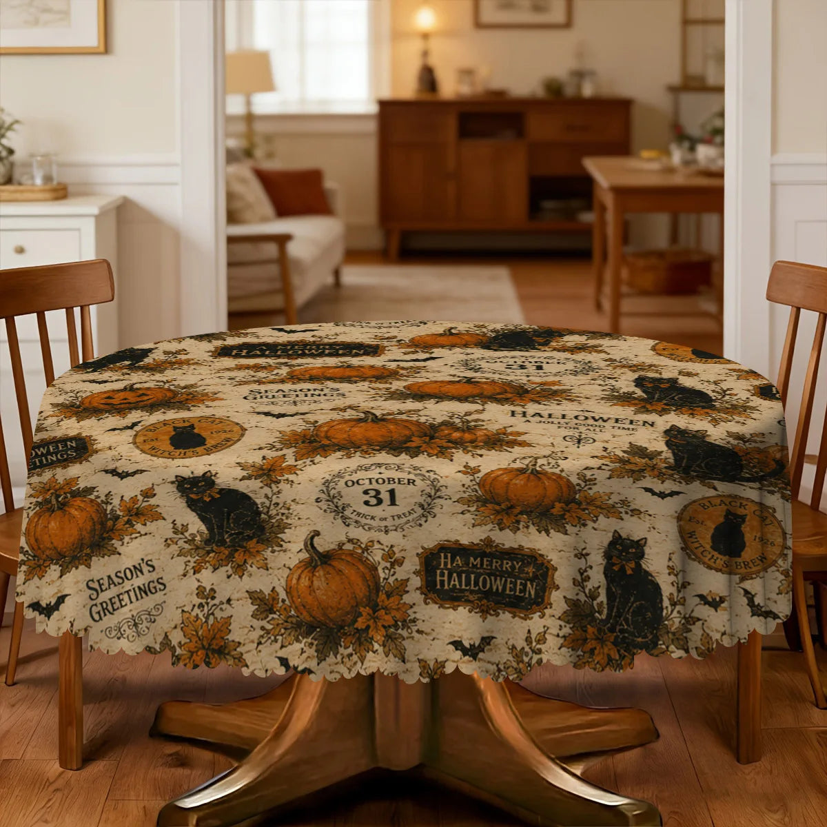 Pumpkin black cat Halloween tablecloth with retro spooky decor