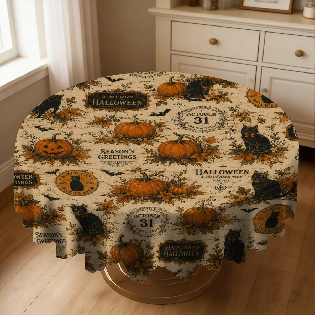 Pumpkin black cat Halloween tablecloth with retro spooky decor