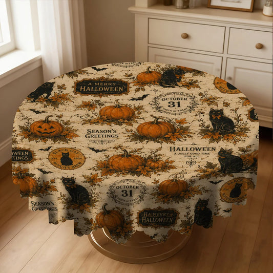 Pumpkin black cat Halloween tablecloth with retro spooky decor