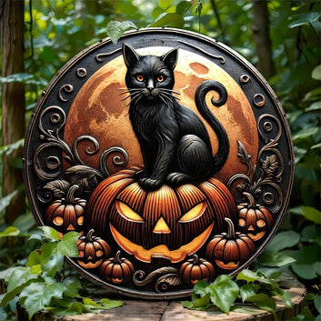Pumpkin Black Cat Metal Sign Halloween Decorations-MoonChildWorld