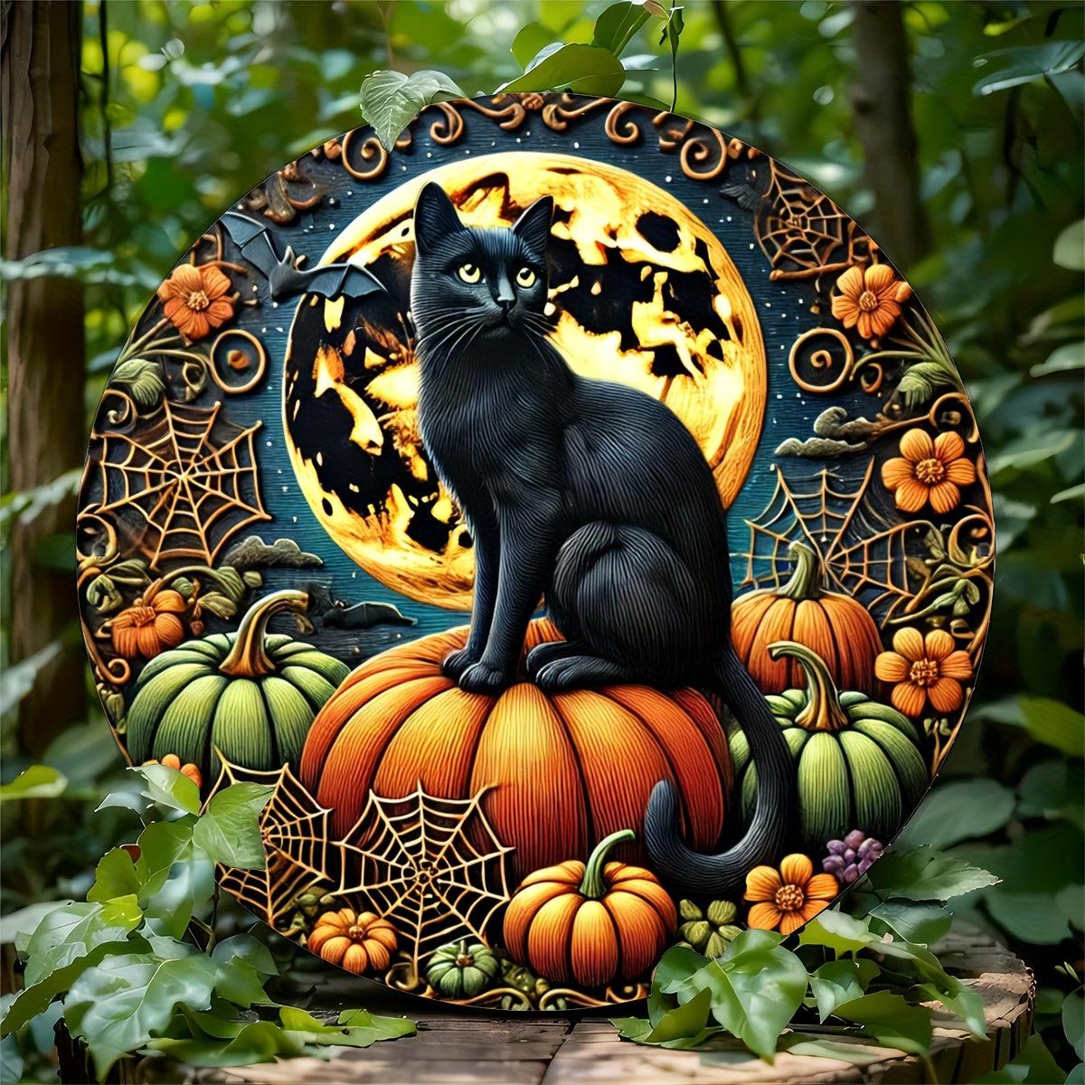 Pumpkin Black Cat Metal Sign Halloween Decorations-MoonChildWorld