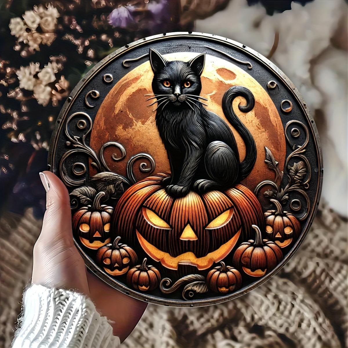 Pumpkin Black Cat Metal Sign Halloween Decorations-MoonChildWorld