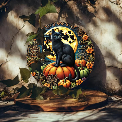 Pumpkin Black Cat Metal Sign Halloween Decorations-MoonChildWorld