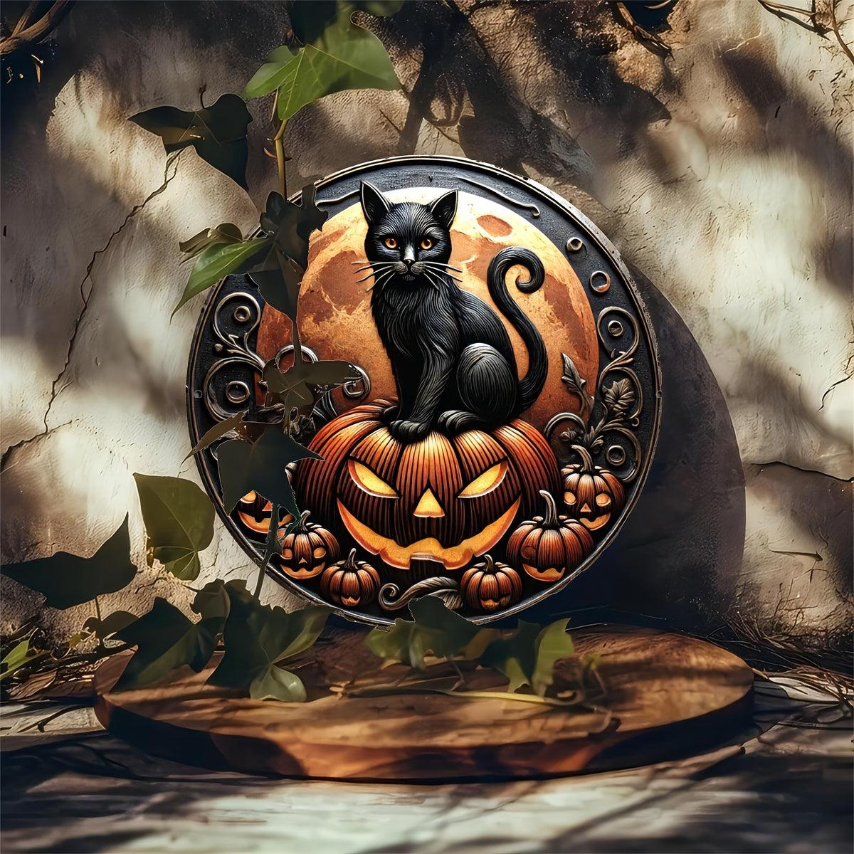Pumpkin Black Cat Metal Sign Halloween Decorations-MoonChildWorld