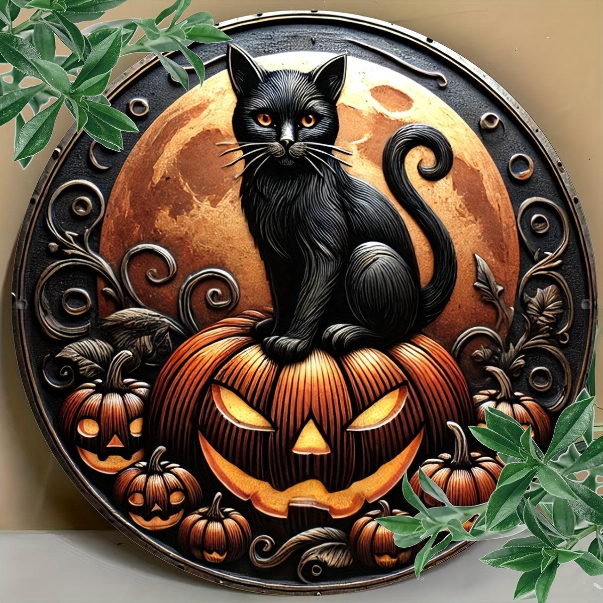 Pumpkin Black Cat Metal Sign Halloween Decorations-MoonChildWorld