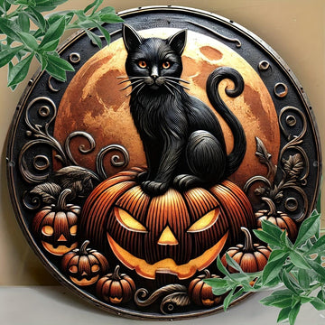 Pumpkin Black Cat Metal Sign Halloween Decorations-MoonChildWorld