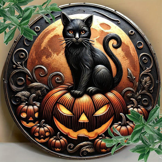 Pumpkin Black Cat Metal Sign Halloween Decorations-MoonChildWorld