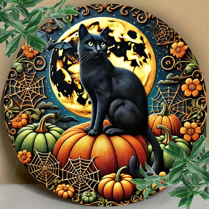 Pumpkin Black Cat Metal Sign Halloween Decorations-MoonChildWorld