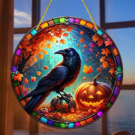 Pumpkin Black Crow Suncatcher Raven Halloween Acrylic Round Sign-MoonChildWorld