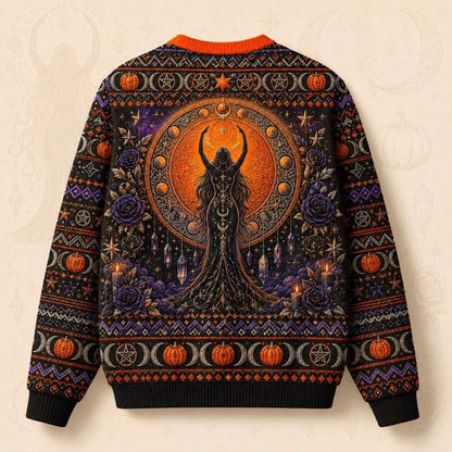 Pumpkin Crescent Sweater Horned Goddess Amethyst Samhain Knit back view