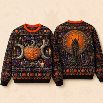 Pumpkin Crescent Sweater Horned Goddess Amethyst Samhain Knit front and back together