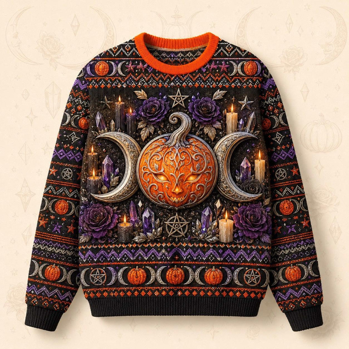 Pumpkin Crescent Sweater Horned Goddess Amethyst Samhain Knit front view