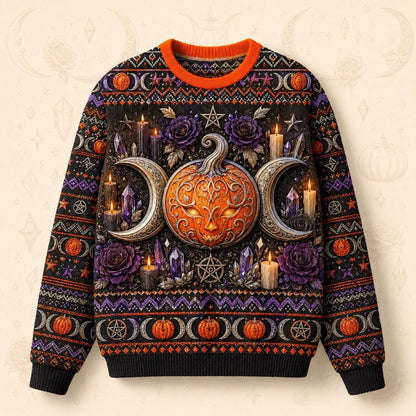 Pumpkin Crescent Sweater Horned Goddess Amethyst Samhain Knit front view