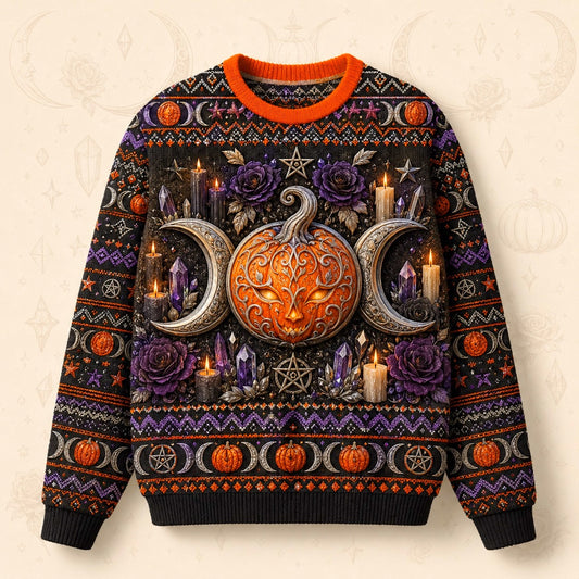 Pumpkin Crescent Sweater Horned Goddess Amethyst Samhain Knit front view