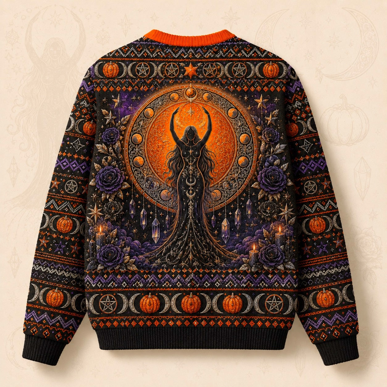 Pumpkin Crescent Sweater Horned Goddess Amethyst Samhain Knit back view