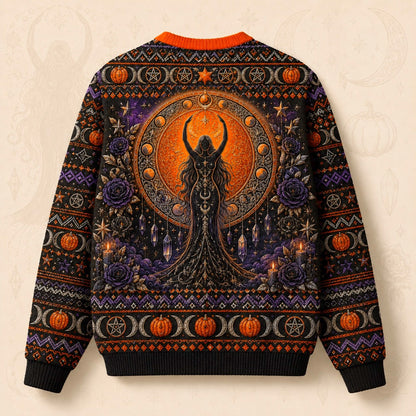 Pumpkin Crescent Sweater Horned Goddess Amethyst Samhain Knit back view