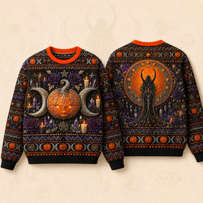 Pumpkin Crescent Sweater Horned Goddess Amethyst Samhain Knit front and back together