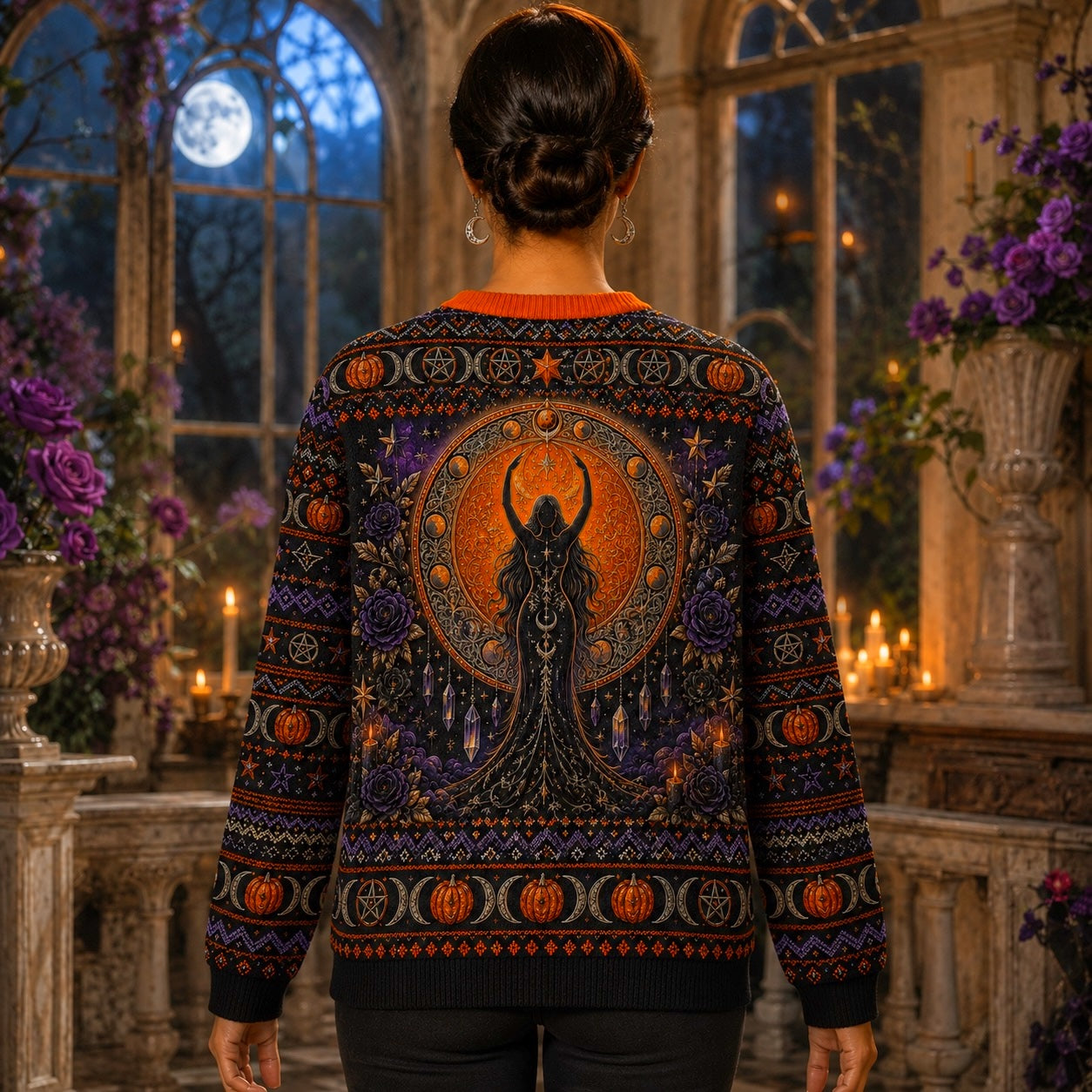 Pumpkin Crescent Sweater Horned Goddess Amethyst Samhain Knit worn, back view